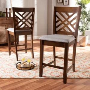 Baxton Studio Caron Modern and Contemporary Grey Fabric Upholstered Walnut Brown Finished 2-Piece Wood Counter Height Pub Chair Set Set | Modishstore | Dining Chairs