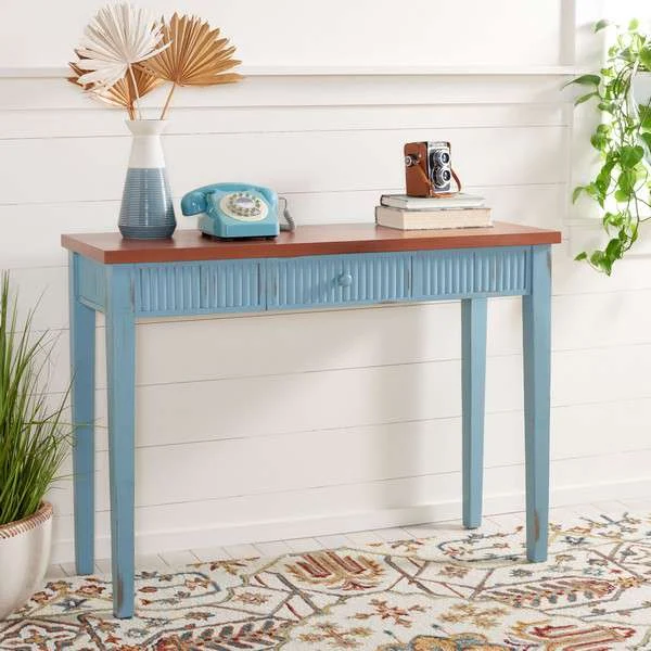 Safavieh Beale Console With Storage Drawer - Blue With Oak | Console Tables | Modishstore