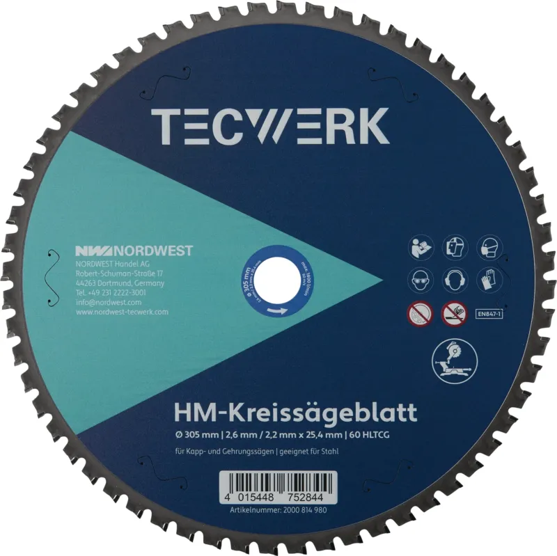 TECWERK Tisch-/Kappkreissägeblatt 305 mm Z60 HLTCG für Stahl, Bohrung 25,4 mm