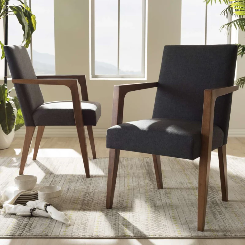 Baxton Studio Andrea Mid-Century Modern Dark Grey Upholstered Wooden Armchair (Set of 2) | Armchairs | Modishstore