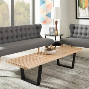 Baxton Studio Melody Mid-Century Modern Natural Wood Finishing Grey Fabric 2-Piece Settee Set | Modishstore | Sofas