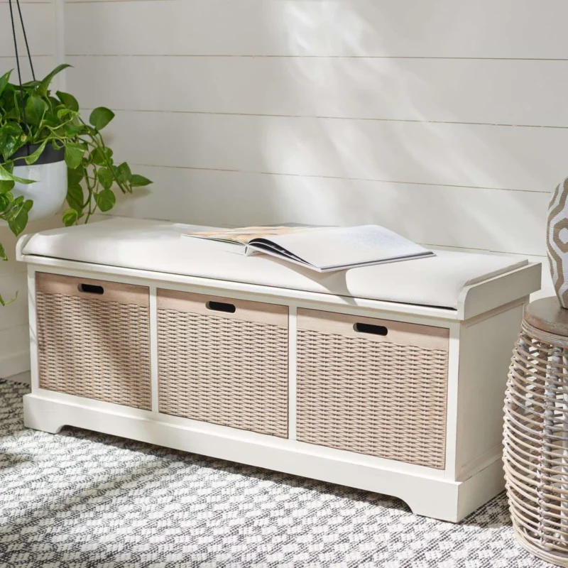 Safavieh Landers 3 Drawer/Cushion Storage Bench - Distressed White | Benches | Modishstore