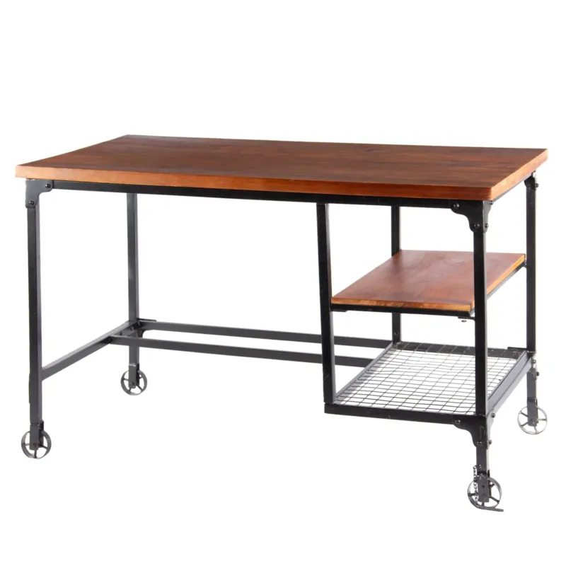 Industrial Style Wooden Desk With Two Bottom Shelves, Brown And Black By Benzara | Desks | Modishstore