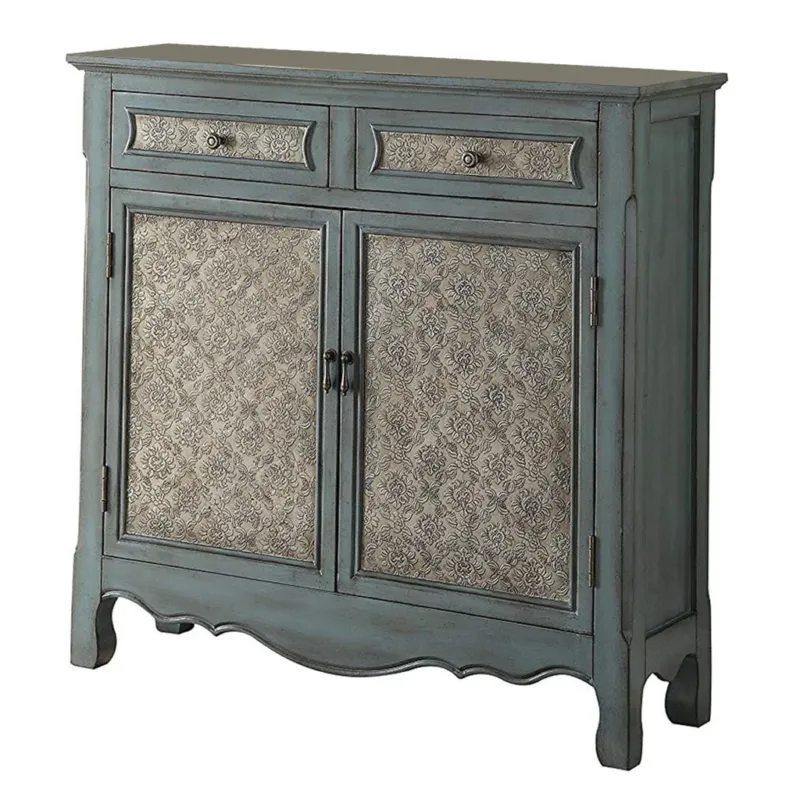 2 Door Cabinet Wooden Console Table With Scalloped Apron, Distressed Blue By Benzara | Console Tables | Modishstore