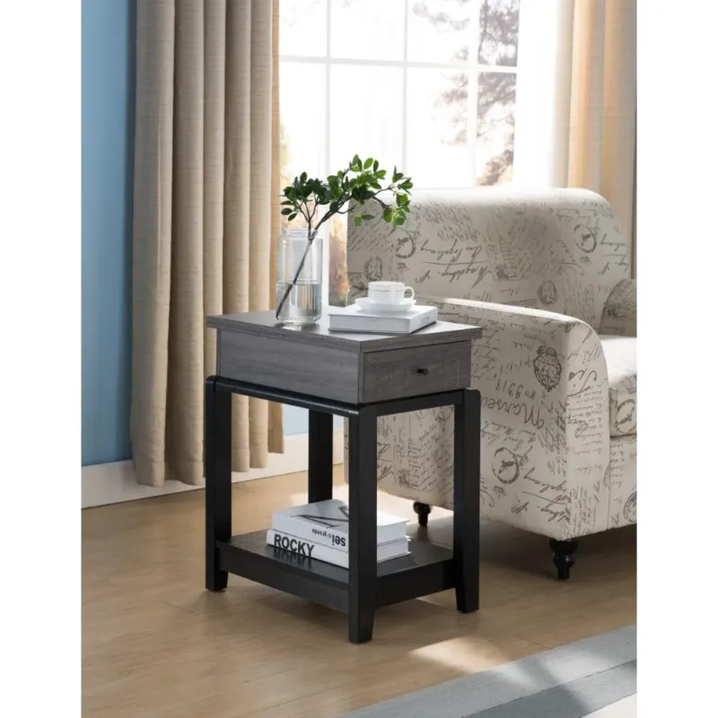 Wooden Chairside Table With Bottom Shelf, Distressed Gray And Black By Benzara | Side Tables | Modishstore