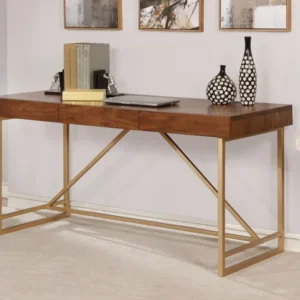 Modern Style Wooden Writing Desk With Unique Metal Legs, Walnut Brown And Gold By Benzara | Desks | Modishstore