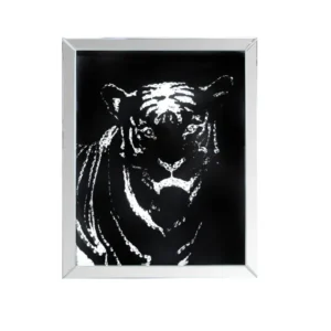 Rectangular Mirror Framed Tiger Walldecor With Crystal Inlays, Black & Silver By Benzara | Wall Decor | Modishstore