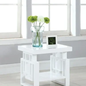 Contemporary Wooden End Table With Designer Sides & Shelf, Glossy White By Benzara | End Tables | Modishstore