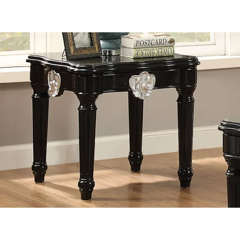 Wooden End Table With Contrast Carved Motif Turned Legs, Black By Benzara | Side Tables | Modishstore