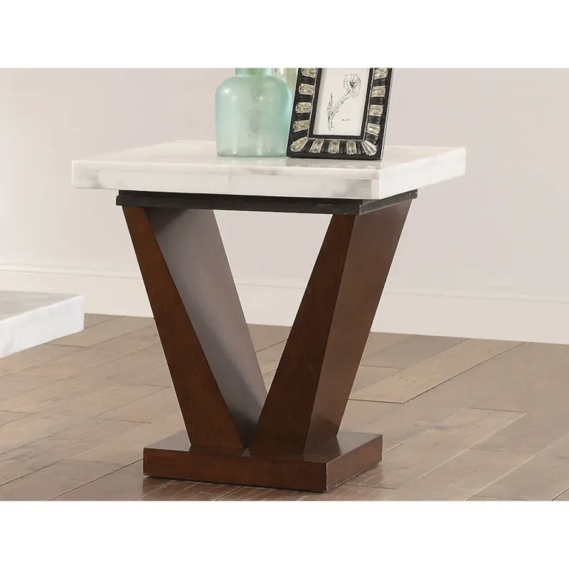 Marble Top End Table With V Shaped Wooden Base, White And Brown By Benzara | Side Tables | Modishstore
