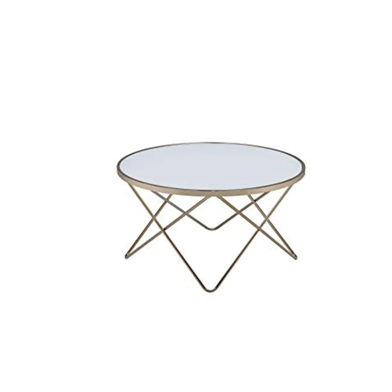 19" Round Glass Top Coffee Table With V Legs, White And Gold By Benzara | Coffee Tables | Modishstore