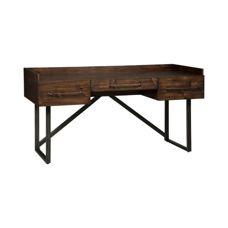 Three Drawers Wooden Desk With Tubular Metal Base And Bar Handles, Brown And Black By Benzara | Desks | Modishstore
