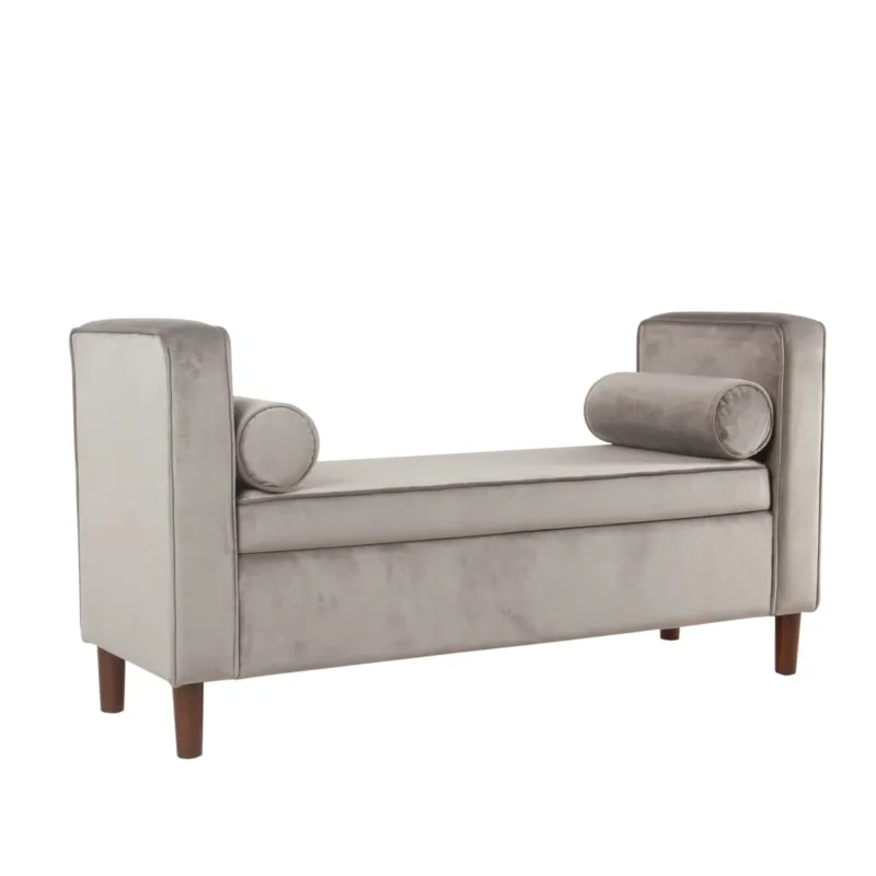 Velvet Upholstered Wooden Bench With Lift Top Storage And Two Bolster Pillows, Gray By Benzara | Benches | Modishstore