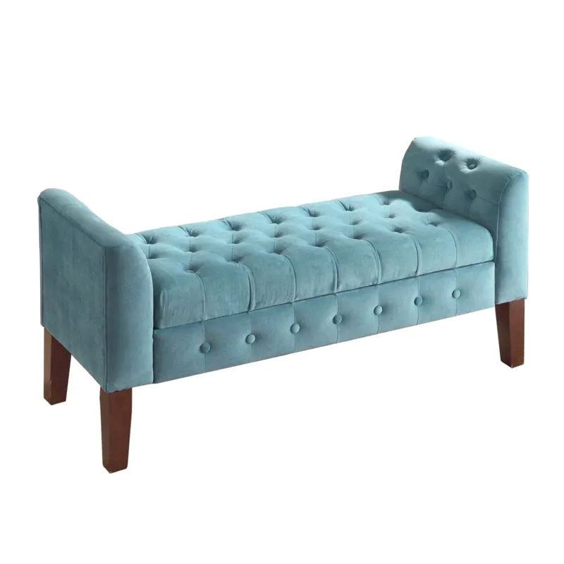 Velvet Upholstered Button Tufted Wooden Bench Settee With Hinged Storage, Teal Blue And Brown By Benzara | Benches | Modishstore