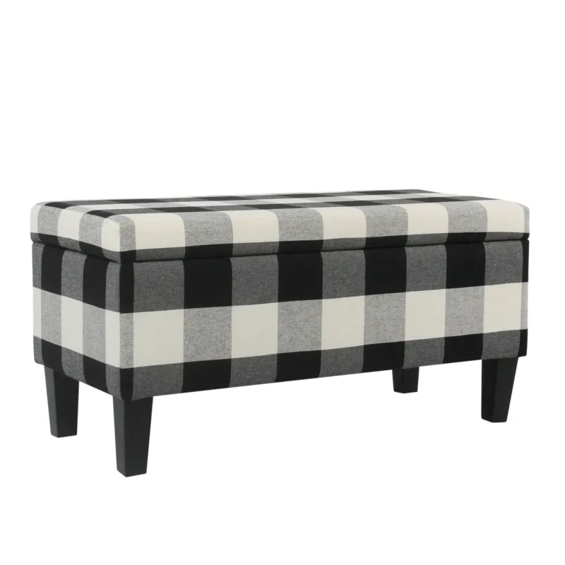 Checkered Pattern Fabric Upholstered Storage Bench With Tapered Wood Legs, Large, Black And White By Benzara | Benches | Modishstore