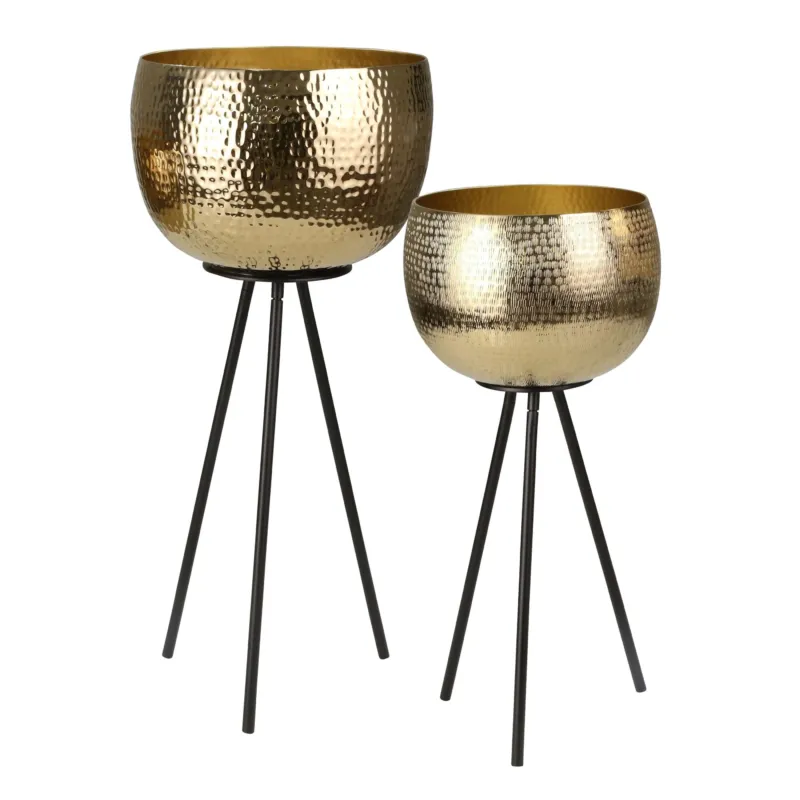 Hammered Textured Metal Bowl Planters On Tripod Base, Set Of 2, Gold And Black By Benzara | Planters, Troughs & Cachepots | Modishstore