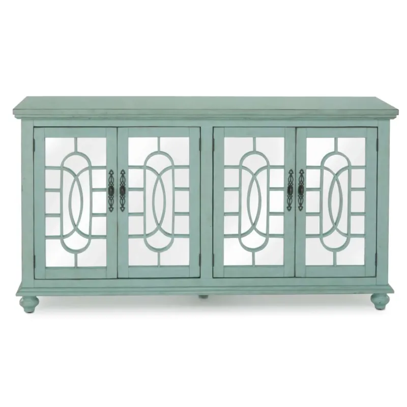 Trellis Front Wood And Glass Tv Stand With Cabinet Storage, Mint Green By Benzara | Cabinets | Modishstore
