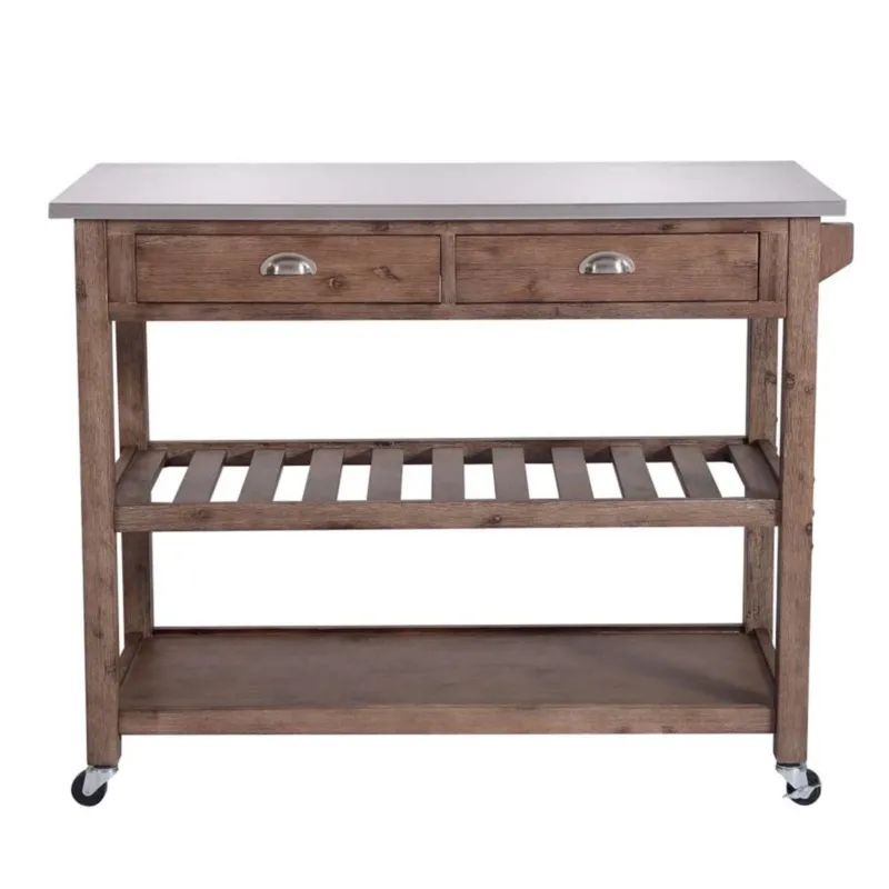 2 Drawers Wooden Kitchen Cart With Metal Top And Casters, Gray And Brown By Benzara | Bar Carts | Modishstore