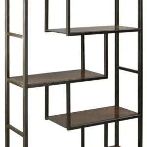 5 Shelves Asymmetric Design Bookcase With Metal Frame, Brown And Black By Benzara | Bookcases | Modishstore