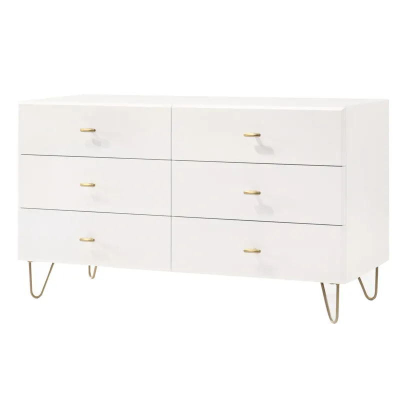 6 Drawer Wooden Dresser with Metal Hairpin Legs, White and Gold By Benzara | Dressers | Modishstore
