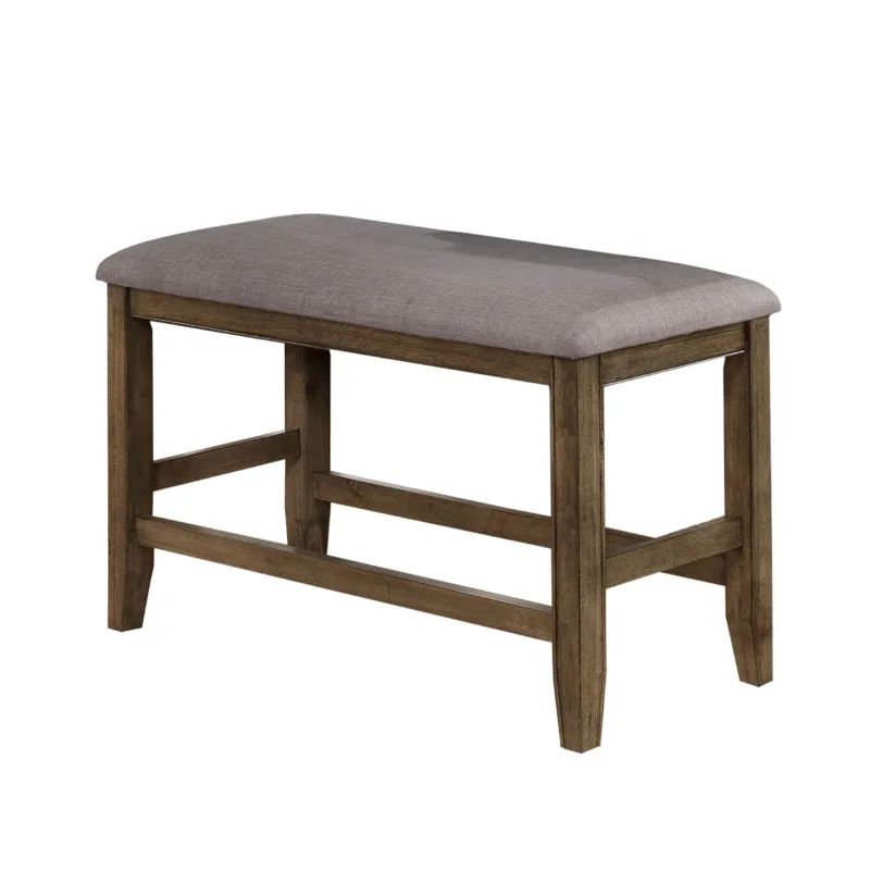 Counter Height Wooden Bench With Fabric Upholstered Seat, Brown And Gray By Benzara | Benches | Modishstore