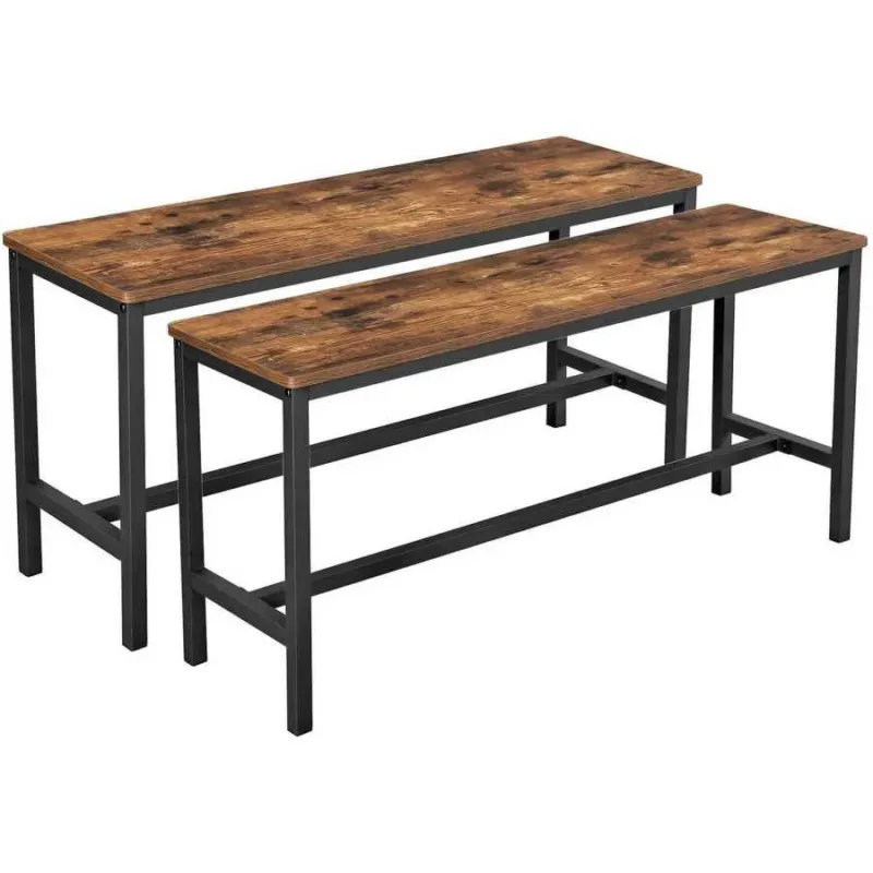 Wooden Top Indoor Bench With Metal Legs, Set Of 2, Rustic Brown And Black By Benzara | Benches | Modishstore