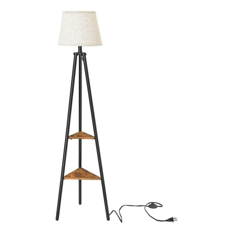 Tapered Drum Shade Floor Lamp With 2 Open Shelves, White And Black By Benzara | Floor Lamps | Modishstore