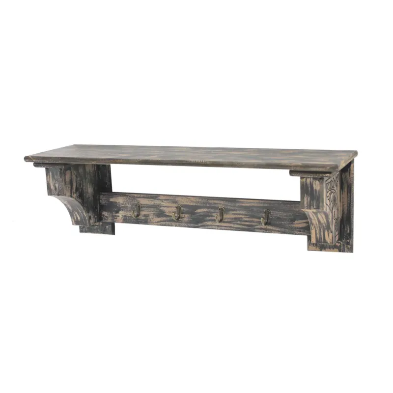 Wooden Wall Shelf With 4 Hooks And Carved Side Frames, Distressed Black By Benzara | Wall Shelf | Modishstore