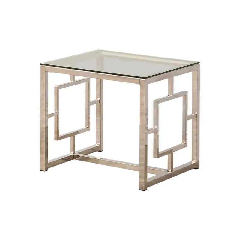 Tempered Glass Top End Table With Lattice Cut Out Panels, Silver And Clear By Benzara | End Tables | Modishstore