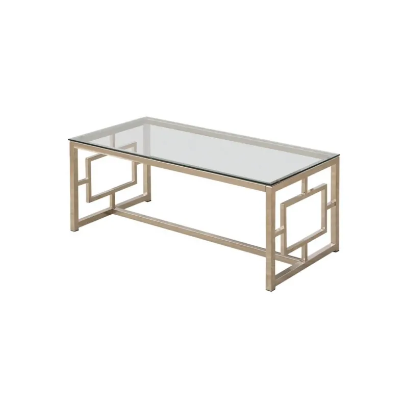 Tempered Glass Top Coffee Table With Lattice Cut Outs, Silver And Clear By Benzara | Coffee Tables | Modishstore