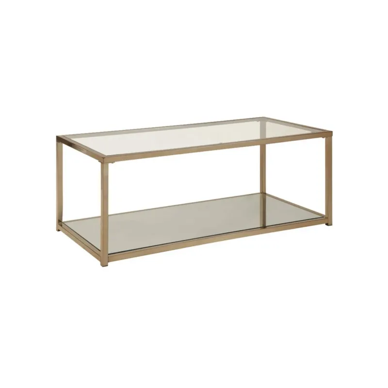 Glass Top Coffee Table With Metal Frame And Open Shelf, Brass By Benzara | Coffee Tables | Modishstore