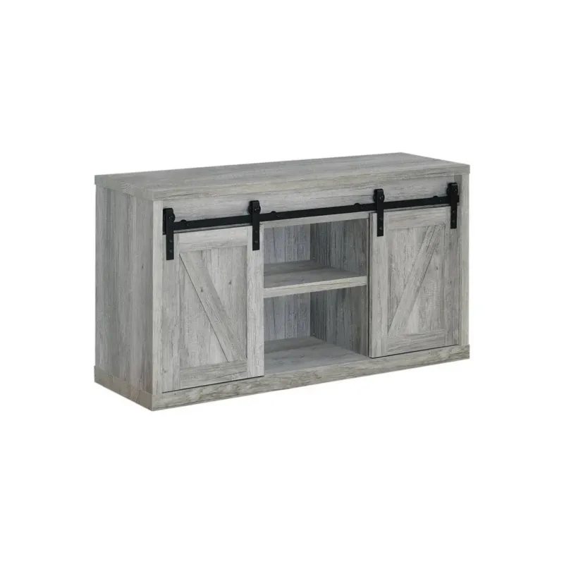 48 Inch Farmhouse Wooden Tv Console With 2 Sliding Barn Doors, Gray By Benzara | TV Stands | Modishstore