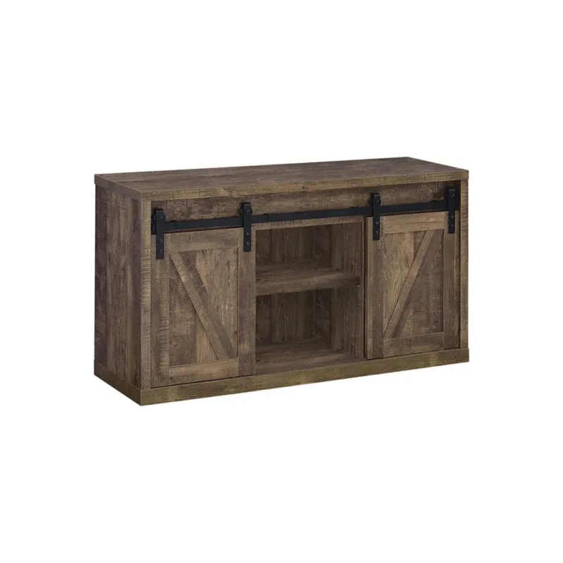 48 Inch Farmhouse Wooden Tv Console With 2 Sliding Barn Doors, Rustic Brown By Benzara | Cabinets | Modishstore