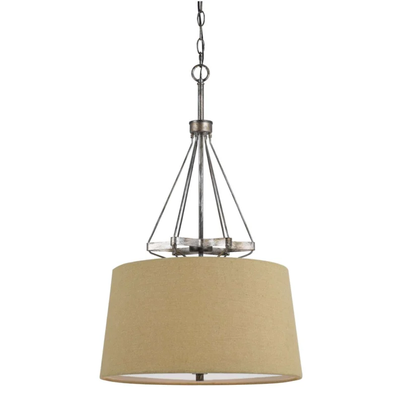 3 Bulb Pendent With Round Burlap Shade And Metal Frame, Beige By Benzara | Chandeliers | Modishstore