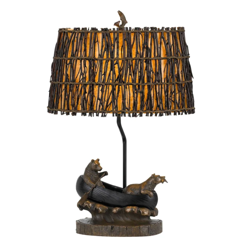 150W 3 Way Bear Canoe Table Lamp With Oval Wicker Shade, Antique Bronze By Benzara | Table Lamps | Modishstore