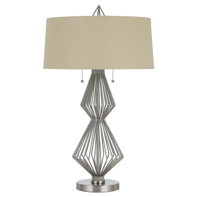 Geometric Body Metal Table Lamp With Fabric Drum Shade, Silver And Beige By Benzara | Table Lamps | Modishstore