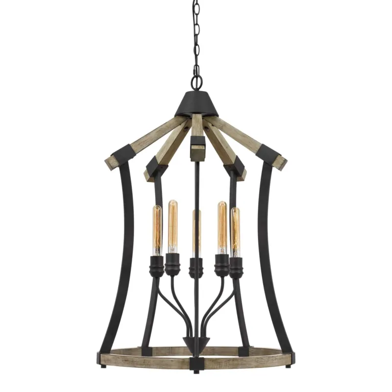 5 Bulb Pendant Fixture With Wooden And Metal Frame, Brown And Black By Benzara | Chandeliers | Modishstore