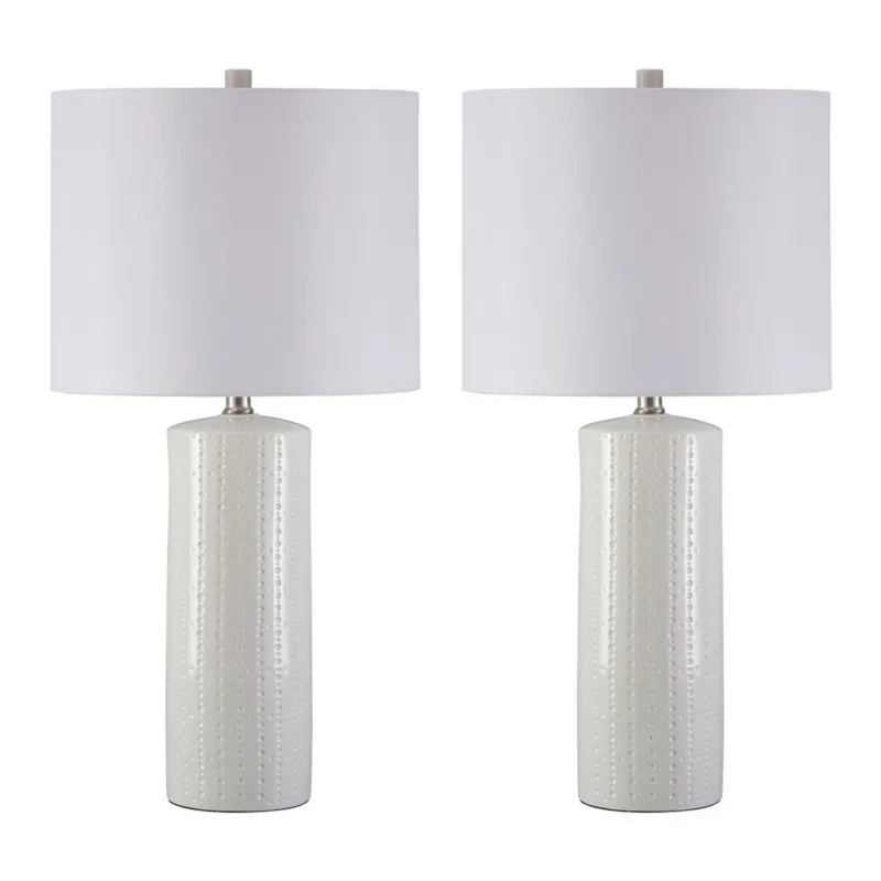 Carved Ceramic Base Table Lamp With Drum Shade Set Of 2 White By Benzara | Desk Lamps | Modishstore