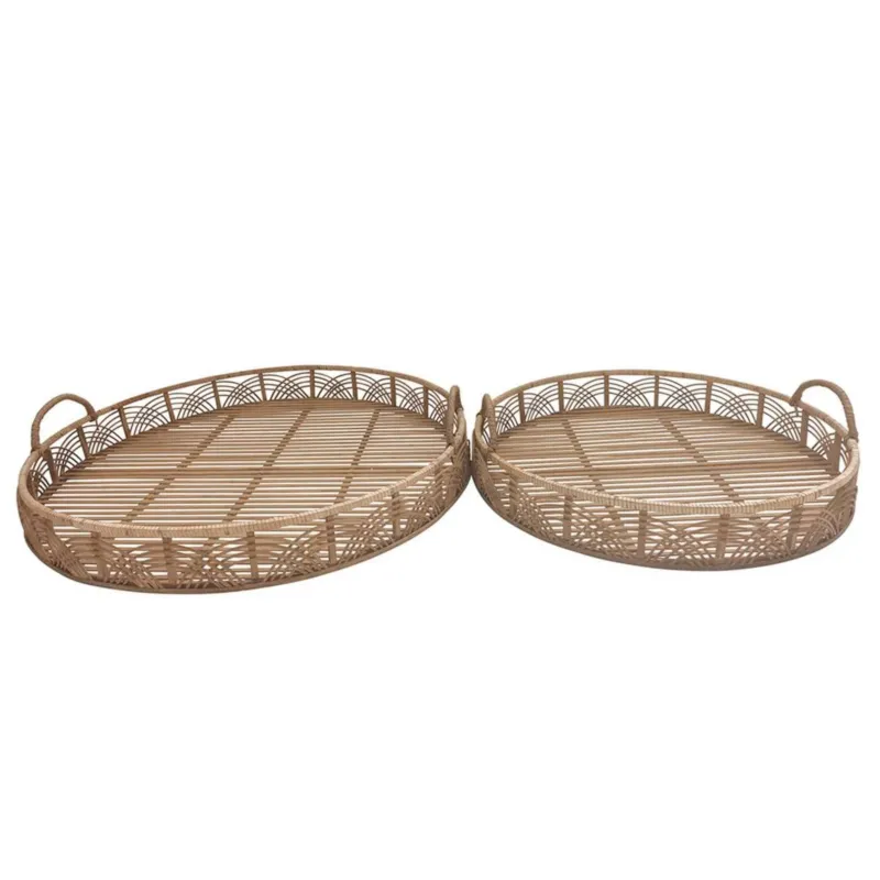 Round Shaped Bamboo Tray With Curved Handle, Set Of 2, Brown By Benzara | Trays & Pedestals | Modishstore