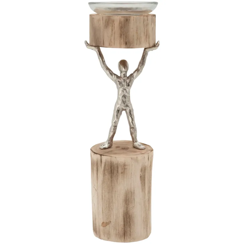 14 Inch Wooden Standing Man Candle Holder, Brown And Silver By Benzara | Candle Holders | Modishstore