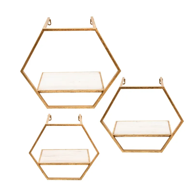 Hexagon Shaped Metal And Wooden Shelf, Set Of 3, Gold By Benzara | Wall Shelf | Modishstore