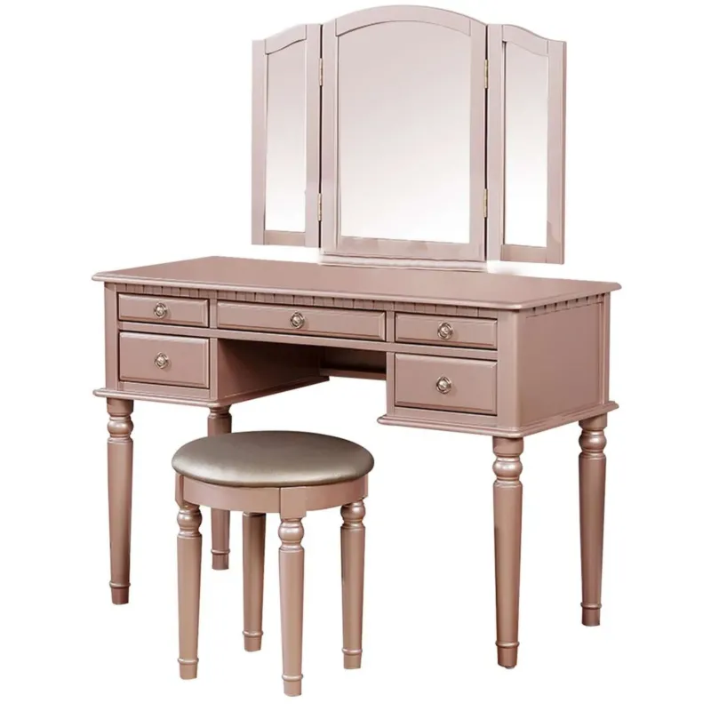 Vanity Set With Turned Tapered Legs And Three Piece Mirror, Rose Gold By Benzara | Dressers | Modishstore