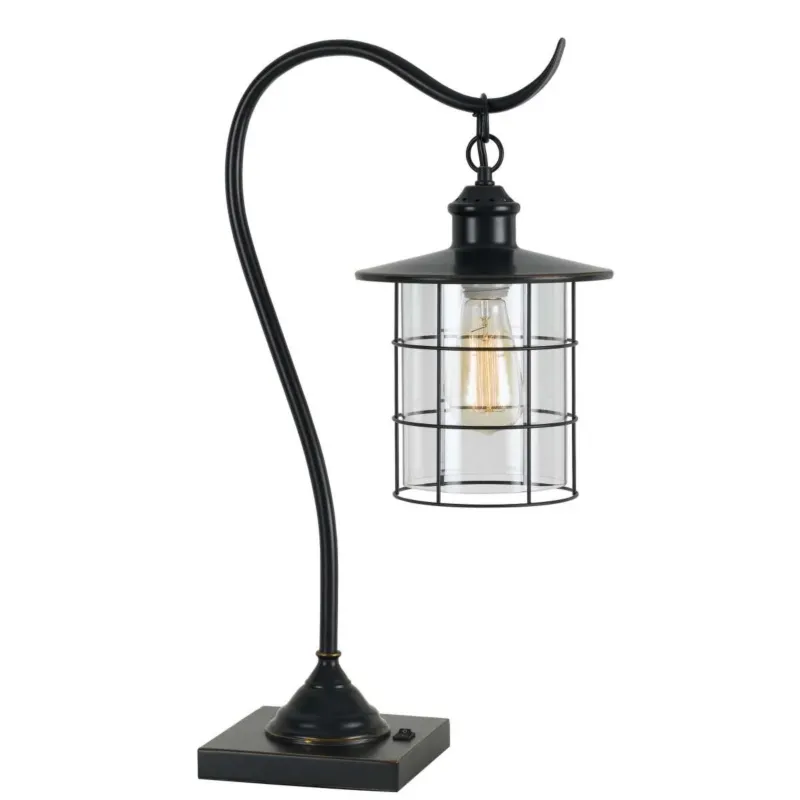 25 Inch Metal Downbridge Design Desk Lamp With Caged Shade, Dark Bronze By Benzara | Table Lamps | Modishstore