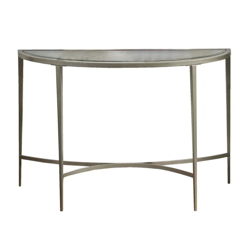 Semicircular Glass Top Sofa Table With Sleek Tapered Legs, Silver By Benzara | Console Tables | Modishstore
