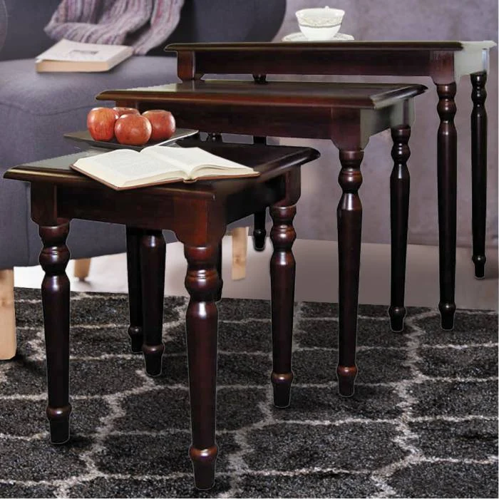3 Piece Wooden Nesting Tables With Turned Tapered Legs, Cherry Brown By Benzara | Nesting Tables | Modishstore