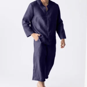 Tunique lin à manches longues pour hommes Bleu nuit