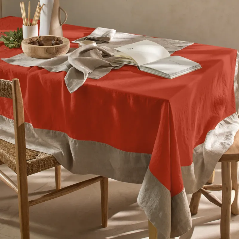 Nappe 100% Lin avec bordure contrastée corail