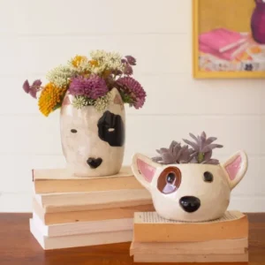 Set Of Two Ceramic Black And White Dog Head Planters (Min 2) By Kalalou