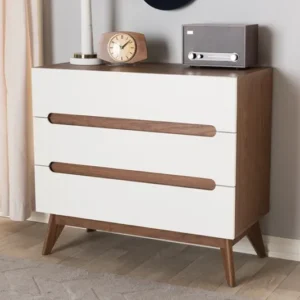 Baxton Studio Calypso Mid-Century Modern White and Walnut Wood 3-Drawer Storage Chest | Modishstore | Drawers