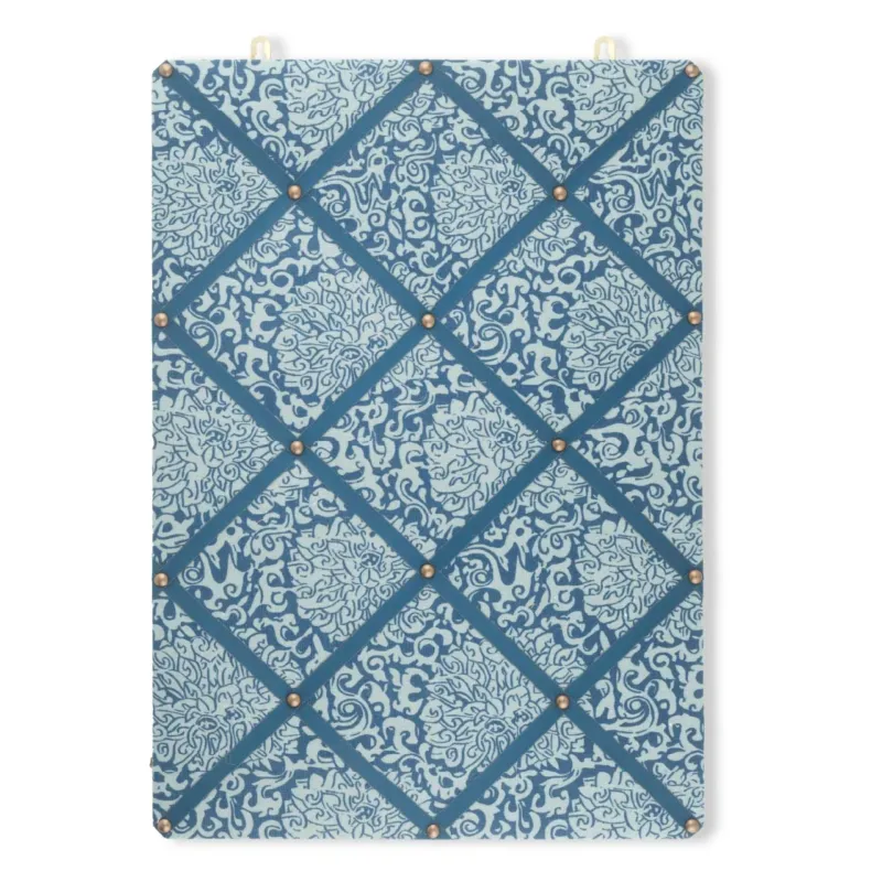 Ribboned Bulletin Board in VOLGA X FRITZ PORTER Chrysanthemum Print in Prussian Blue/Celadon with Marine Trim
